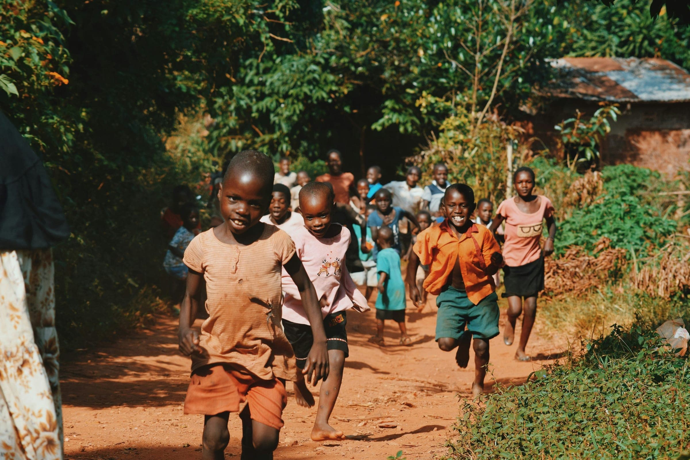 Children running together down a sandy path between the trees, on their way home.