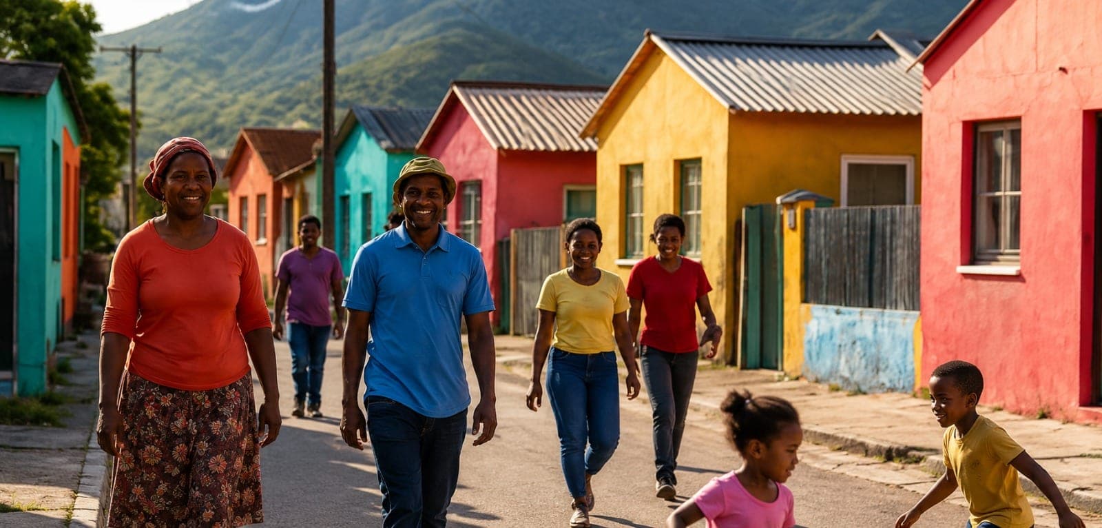 A township street of brightly painted houses with a mountain behind it, neighbours walking and children playing in the afternoon light.