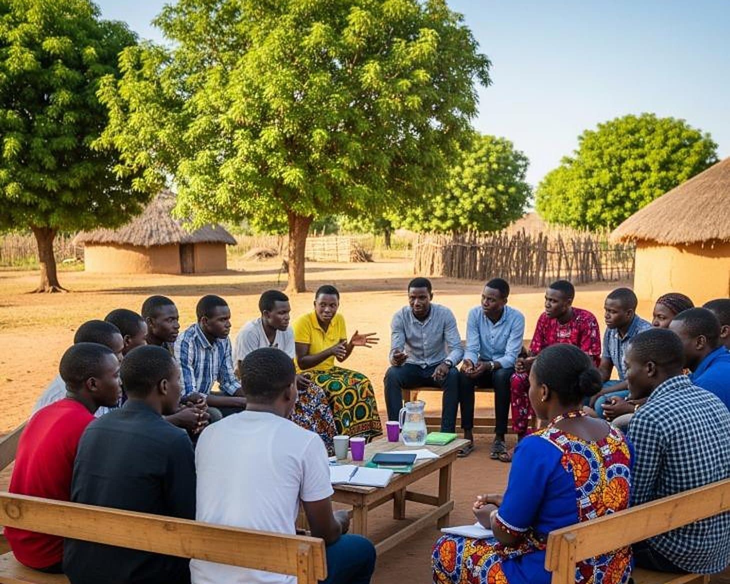 Residents sitting in a wide circle on wooden benches under the trees, a notebook and jug of water on the table between them, talking together.