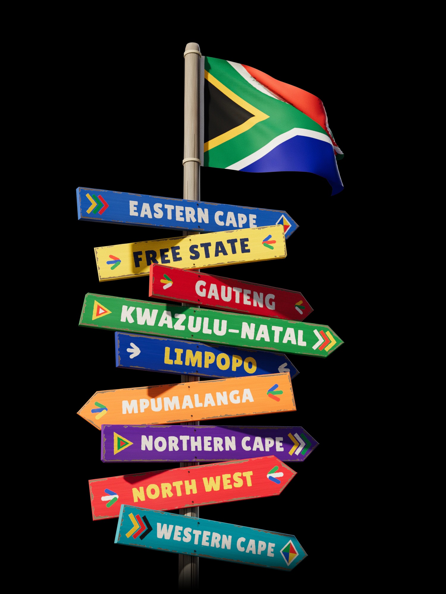 A hand-painted wooden signpost under the South African flag, with one arm for each province: Eastern Cape, Free State, Gauteng, KwaZulu-Natal, Limpopo, Mpumalanga, Northern Cape, North West and Western Cape.